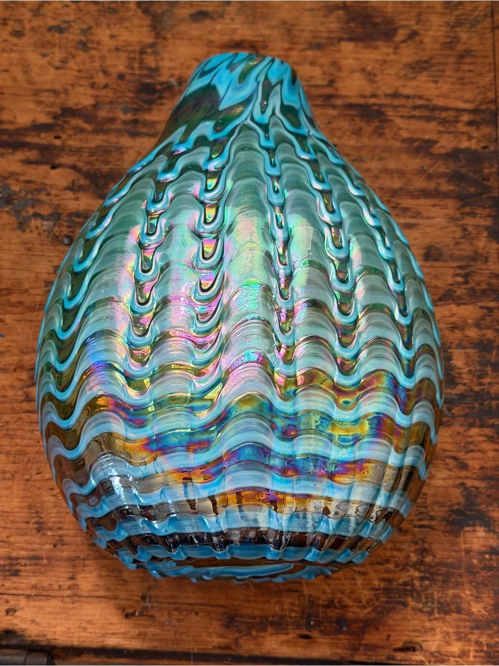 Vintage Iridescent Studio Art Glass Vase – Turquoise, Green, Gold